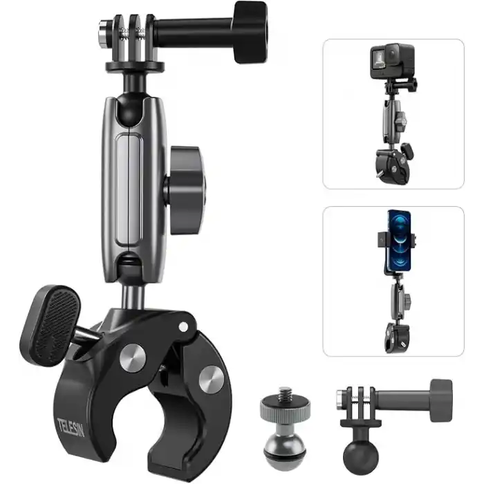 TELESIN Motosiklet Gidonu Bisiklet Montaj Kelepçeleri için GoPro Hero 13 12 11 10 9 DJI OSMO Action 5 Pro 4 3 Insta360,360° Çift Top Başlı Kelepçe Tutucu 1/4-20 mm Kamera ve Telefon için Adaptör