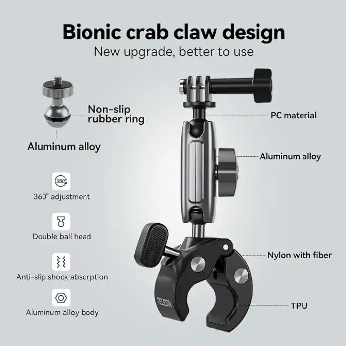 TELESIN Motosiklet Gidonu Bisiklet Montaj Kelepçeleri için GoPro Hero 13 12 11 10 9 DJI OSMO Action 5 Pro 4 3 Insta360,360° Çift Top Başlı Kelepçe Tutucu 1/4-20 mm Kamera ve Telefon için Adaptör