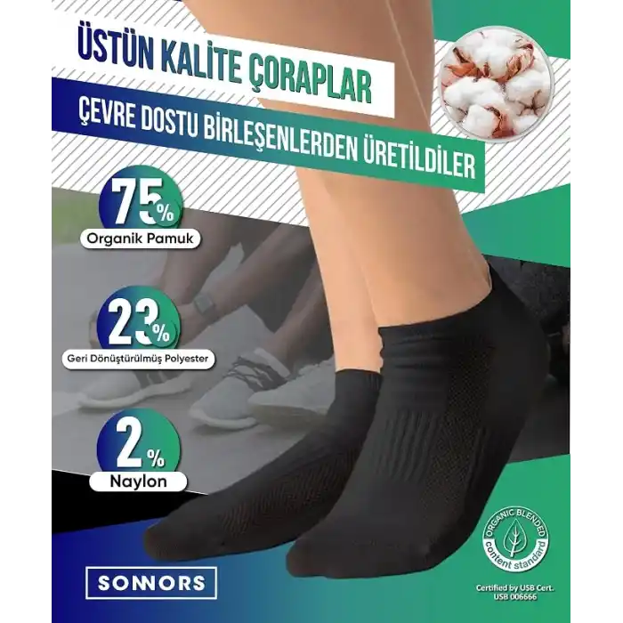 SONNORS 6 Çift Uniseks Sneaker Kadın Erkek Çorap - Organik Pamuk Patik Spor Çorabı - Kısa Çorap Dikişsiz Rahat Kalıp - Beyaz Siyah Gri