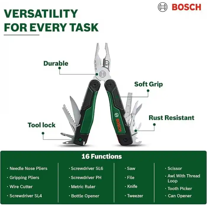 Bosch 16sı 1 arada çok amaçlı alet, DIY, outdoor ve kamp için çok amaçlı alet, paslanmaz çelik, kilitleme fonksiyonu, yumuşak tutuş, 16 fonksiyon, pense, makas, tornavida, bıçak, testere vb