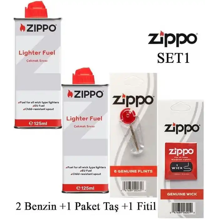 Zippo Benzin+1 Paket Taş+ Fitil Seti