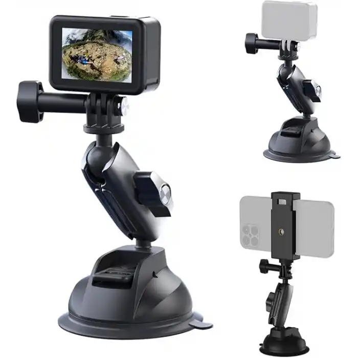 TELESIN Alüminyum Alaşımlı Araç Vantuz Montajı, Hero 13 12 11 10 9 8 DJI OSMO Action 5 Pro 4 3 Insta 360 X5 X4 Huawei iPhone Mobil Telefon Kameraları için, Telefon Tutacılı Araç Ön Cam Montajı