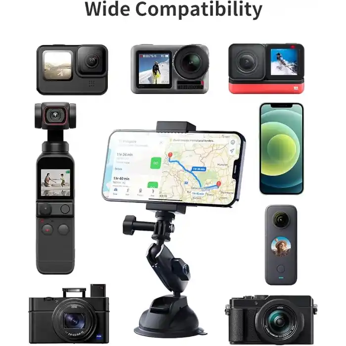 TELESIN Alüminyum Alaşımlı Araç Vantuz Montajı, Hero 13 12 11 10 9 8 DJI OSMO Action 5 Pro 4 3 Insta 360 X5 X4 Huawei iPhone Mobil Telefon Kameraları için, Telefon Tutacılı Araç Ön Cam Montajı