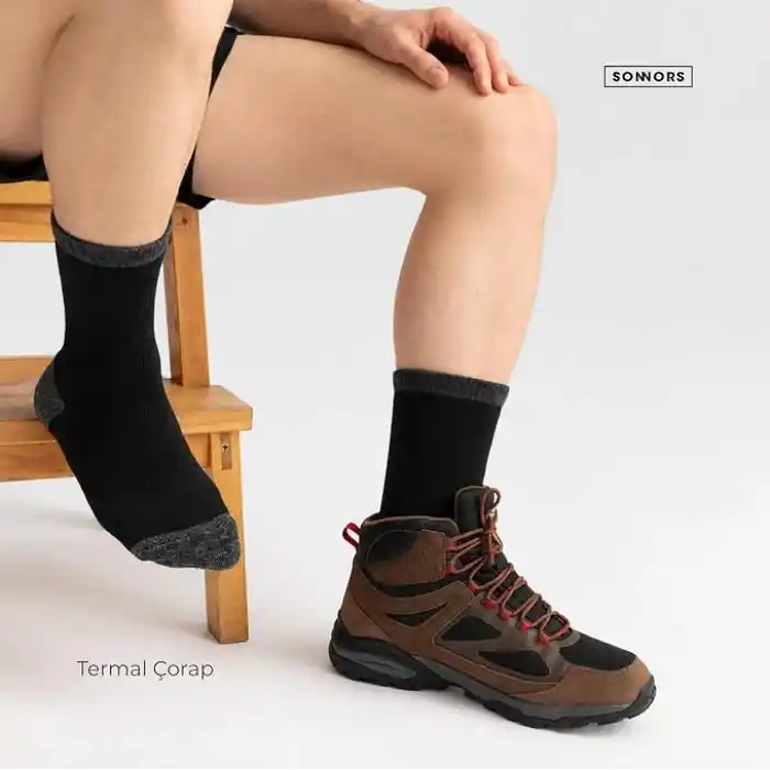 SONNORS 3 Çift Erkek Çorap - Uzun Havlu Kışlık Outdoor Kamp Kar Çorabı Kadın - Pamuklu Yastıklı Nefes Alabilen Kalın Çorap - Siyah
