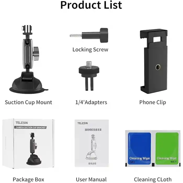 TELESIN Alüminyum Alaşımlı Araç Vantuz Montajı, Hero 13 12 11 10 9 8 DJI OSMO Action 5 Pro 4 3 Insta 360 X5 X4 Huawei iPhone Mobil Telefon Kameraları için, Telefon Tutacılı Araç Ön Cam Montajı