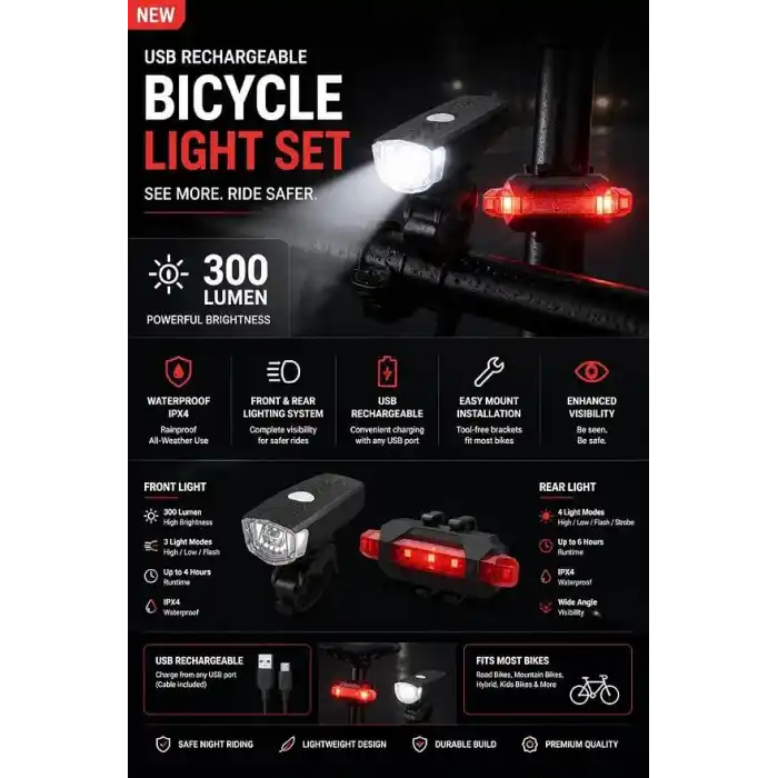 Busstier Bisiklet Işık Seti USB Şarjlı Ön Arka Bisiklet Farı 2’li LED Bisiklet Lambası Su Geçirmez 300 Lümen Stop Lambası Seti