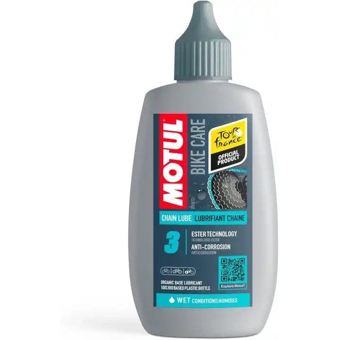 Motul Islak kullanım koşulları için bisiklet zincirleri için yağlayıcı, aşınma ve pas koruması, özellikle su geçirmez, damlama uçlu şişe, Bike Care Chain Lube Wet Road, 100 ml