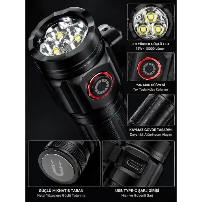 Busstier 10000 Lümen Mıknatıslı Mini El Feneri 15W Güçlü LED Şarjlı Yedek Pilli Taşıma Çantalı Taşınabilir Kamp Araç Acil Durum Feneri