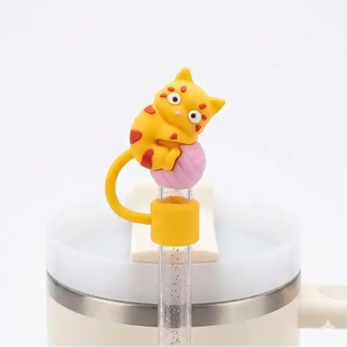 Sevimli Kedi Figürlü Silikon Pipet Kapağı, Kawaii Stil, Stanley ile Uyumlu Pipet Tıpası Koruyucu