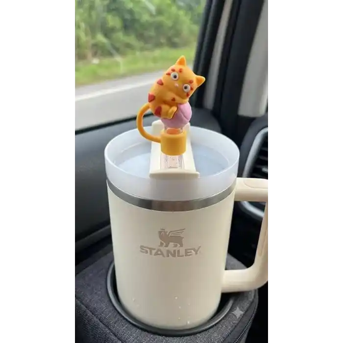 Sevimli Kedi Figürlü Silikon Pipet Kapağı, Kawaii Stil, Stanley ile Uyumlu Pipet Tıpası Koruyucu