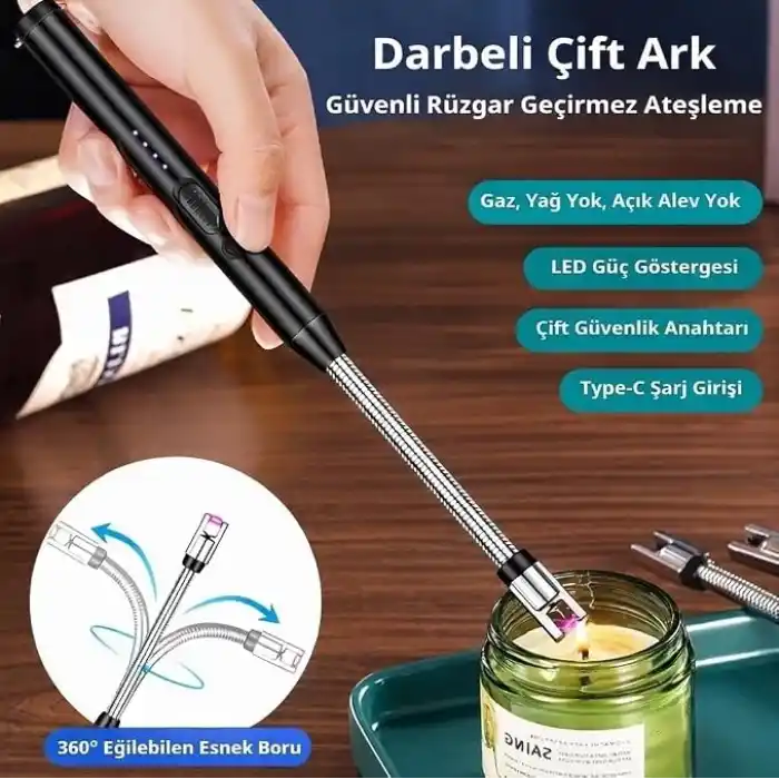 Valkyrie Type-C Şarjlı Elektronik, Mum Yakma Darbeli Ateşleyici – 360° Esnek Boyun, Rüzgar Geçirmez, Göstergeli