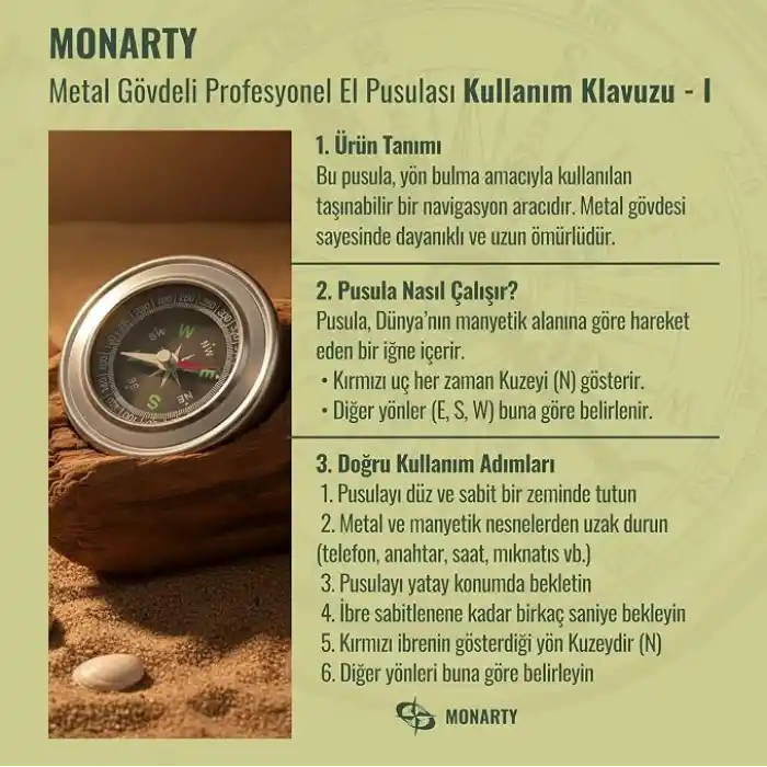 Monarty Pusula - Metal Gövdeli Profesyonel 60mm Taşınabilir El Pusulası – Dayanıklı Çelik Kasa, Yuvarlak Cep Pusulası, Kıble Yönü Bulucu