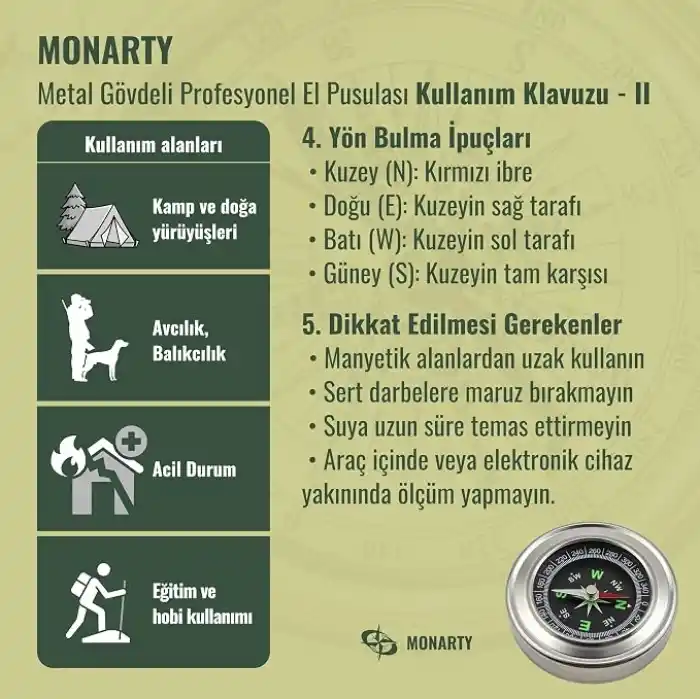 Monarty Pusula - Metal Gövdeli Profesyonel 60mm Taşınabilir El Pusulası – Dayanıklı Çelik Kasa, Yuvarlak Cep Pusulası, Kıble Yönü Bulucu