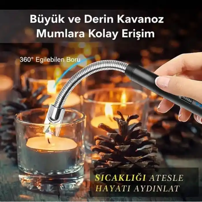 Valkyrie Type-C Şarjlı Elektronik, Mum Yakma Darbeli Ateşleyici – 360° Esnek Boyun, Rüzgar Geçirmez, Göstergeli