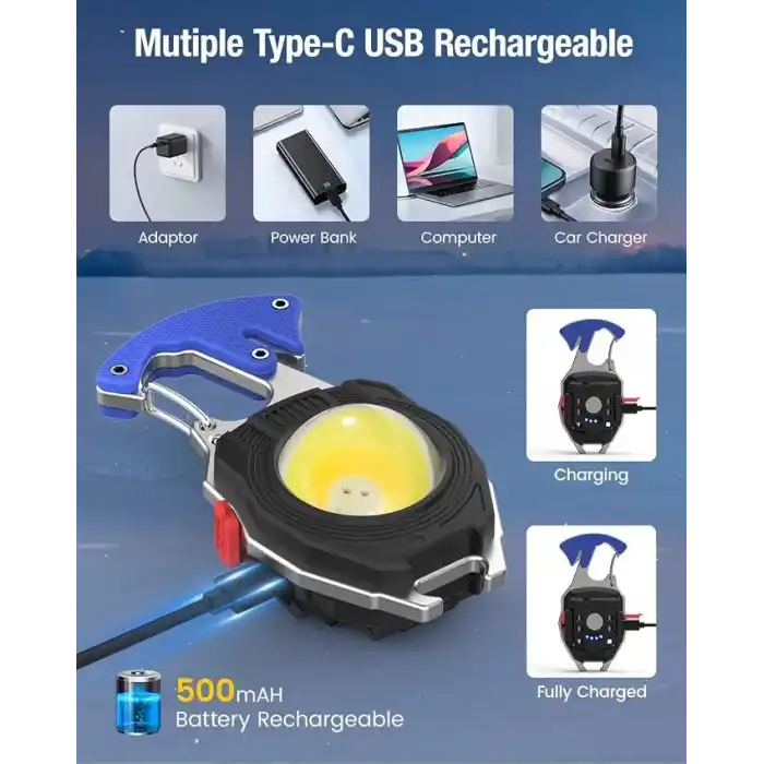 Mini el feneri, COB anahtarlık, el feneri, 7 modlu, USB şarj edilebilir çalışma lambası, 800 lümen, çok fonksiyonlu, taşınabilir, acil durum Kamp Feneri Çok Fonksiyonlu Fener