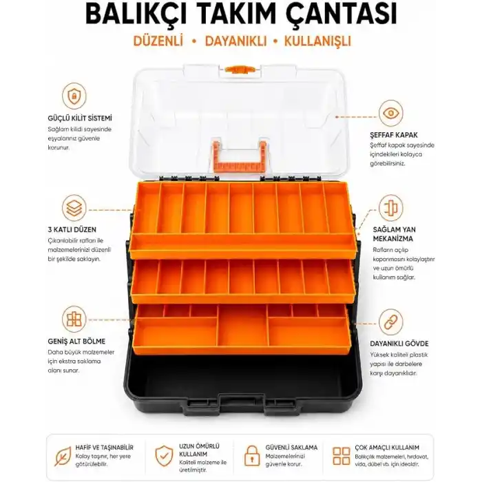 Orret Home Şeffaf Kapaklı Balıkçı Takım Çantası, 3 Katlı Rapala ve Sahte Yem Organizeri, Olta Malzemesi Kutusu, İğne Kurşun Fırdöndü Kaşık Düzenleyici, Kilitli Taşıma Çantası