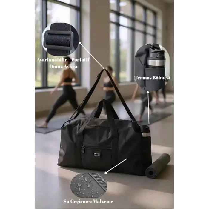 Unisex Spor ve Seyahat Çantası, Siyah, Polyester, 47x27x15 cm, Termos Bölmeli, Ayarlanabilir Omuz Askılı, Su Geçirmez
