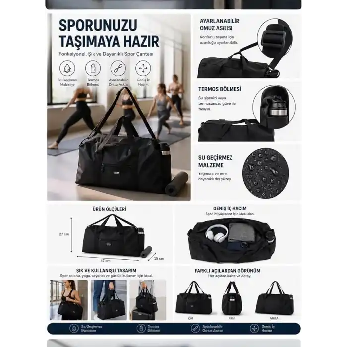 Unisex Spor ve Seyahat Çantası, Siyah, Polyester, 47x27x15 cm, Termos Bölmeli, Ayarlanabilir Omuz Askılı, Su Geçirmez