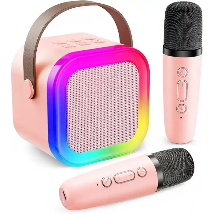 Robeve Blic 2 Mikrofonlu Çocuk Karaoke Hoparlör ve Bluetooth Hoparlör – LED Işıklı Mini Karaoke Seti, 6 Farklı Ses Efekti, Uzun Pil Ömrü, Taşınabilir Çocuk Mikrofonu ve Müzik Eğlence Seti Pembe