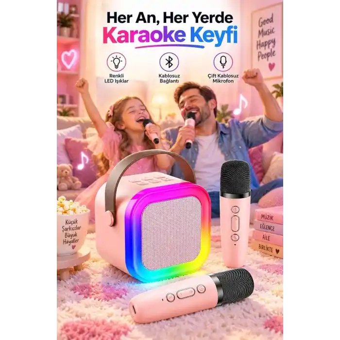 Robeve Blic 2 Mikrofonlu Çocuk Karaoke Hoparlör ve Bluetooth Hoparlör – LED Işıklı Mini Karaoke Seti, 6 Farklı Ses Efekti, Uzun Pil Ömrü, Taşınabilir Çocuk Mikrofonu ve Müzik Eğlence Seti Pembe