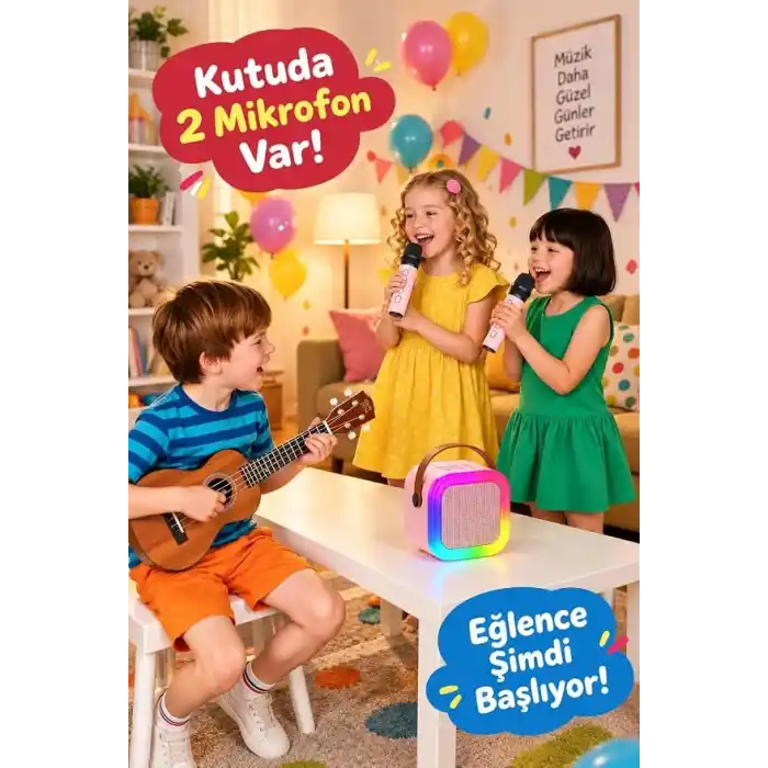 Robeve Blic 2 Mikrofonlu Çocuk Karaoke Hoparlör ve Bluetooth Hoparlör – LED Işıklı Mini Karaoke Seti, 6 Farklı Ses Efekti, Uzun Pil Ömrü, Taşınabilir Çocuk Mikrofonu ve Müzik Eğlence Seti Pembe
