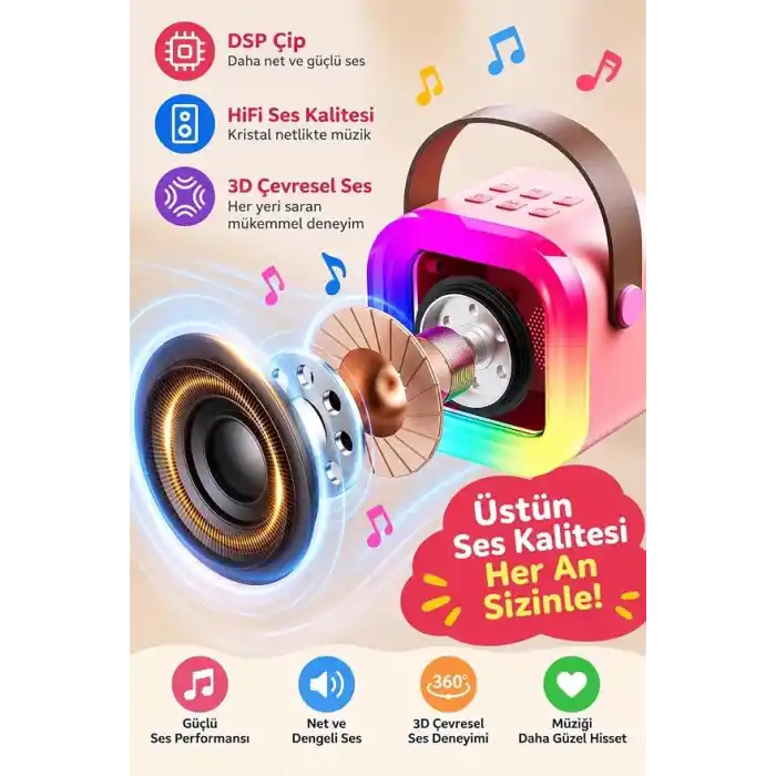 Robeve Blic 2 Mikrofonlu Çocuk Karaoke Hoparlör ve Bluetooth Hoparlör – LED Işıklı Mini Karaoke Seti, 6 Farklı Ses Efekti, Uzun Pil Ömrü, Taşınabilir Çocuk Mikrofonu ve Müzik Eğlence Seti Pembe