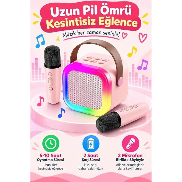 Robeve Blic 2 Mikrofonlu Çocuk Karaoke Hoparlör ve Bluetooth Hoparlör – LED Işıklı Mini Karaoke Seti, 6 Farklı Ses Efekti, Uzun Pil Ömrü, Taşınabilir Çocuk Mikrofonu ve Müzik Eğlence Seti Pembe