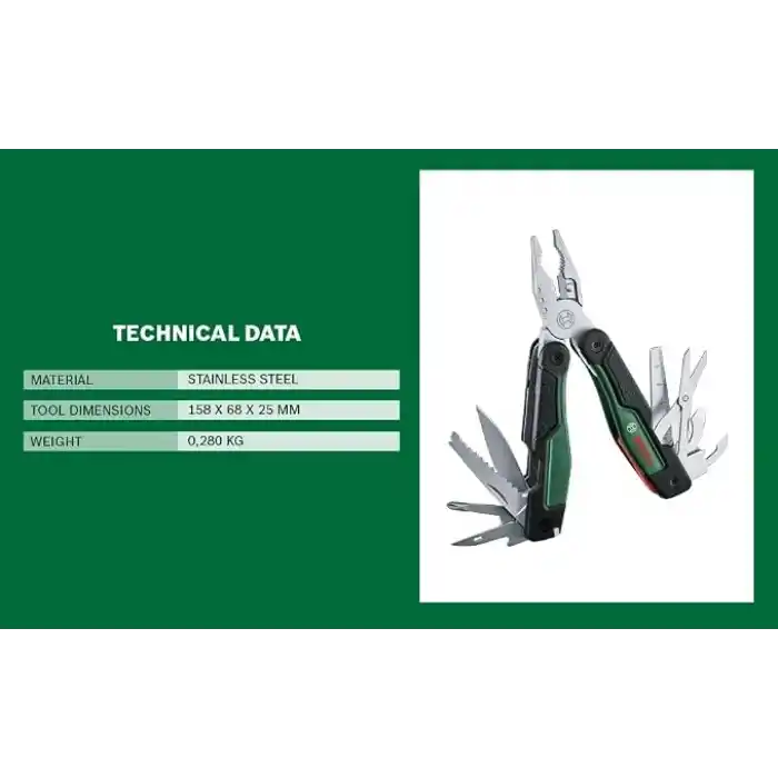 Bosch 16sı 1 arada çok amaçlı alet saklama çantalı, paslanmaz çelik, 158 x 68 x 25 mm