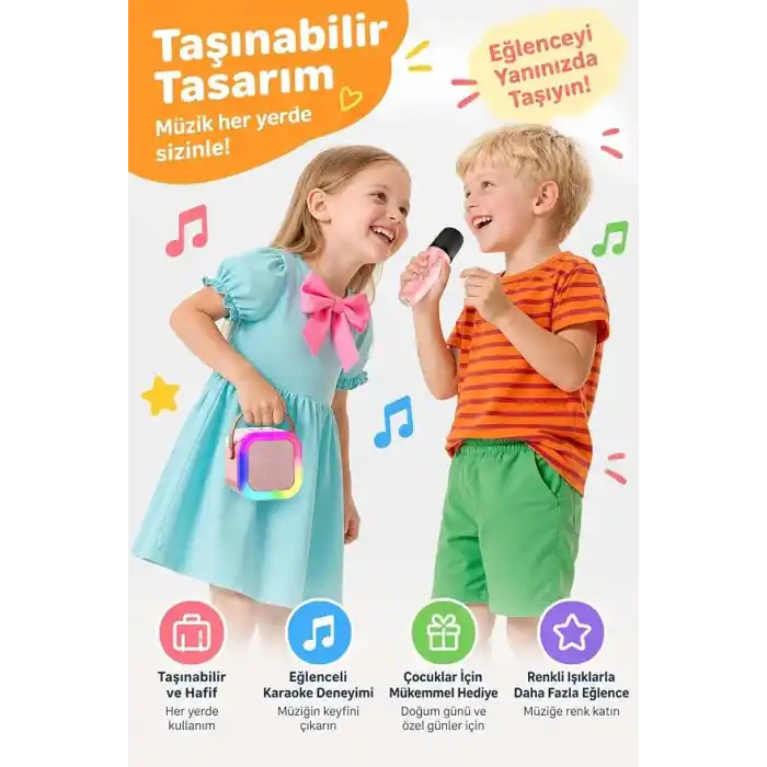 Robeve Blic 2 Mikrofonlu Çocuk Karaoke Hoparlör ve Bluetooth Hoparlör – LED Işıklı Mini Karaoke Seti, 6 Farklı Ses Efekti, Uzun Pil Ömrü, Taşınabilir Çocuk Mikrofonu ve Müzik Eğlence Seti Pembe