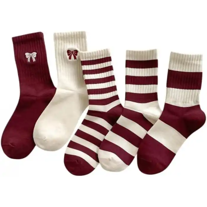 5li Ekonomik Paket Bordo-Beyaz Çizgili Kurdele Desenli Unisex Tenis Çorap Seti Tek Beden