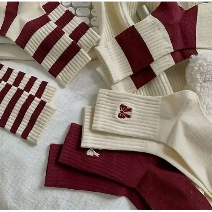 5li Ekonomik Paket Bordo-Beyaz Çizgili Kurdele Desenli Unisex Tenis Çorap Seti Tek Beden