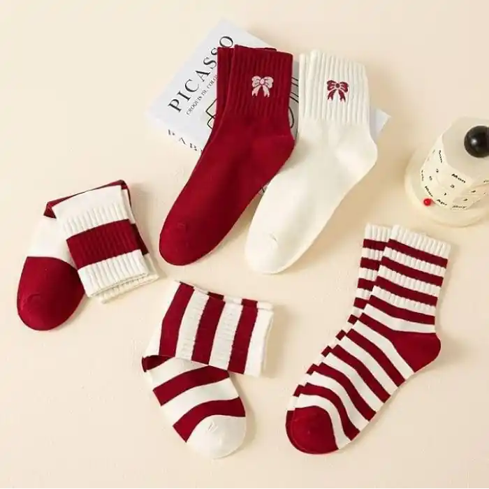 5li Ekonomik Paket Bordo-Beyaz Çizgili Kurdele Desenli Unisex Tenis Çorap Seti Tek Beden