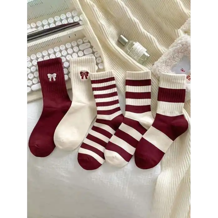 5li Ekonomik Paket Bordo-Beyaz Çizgili Kurdele Desenli Unisex Tenis Çorap Seti Tek Beden
