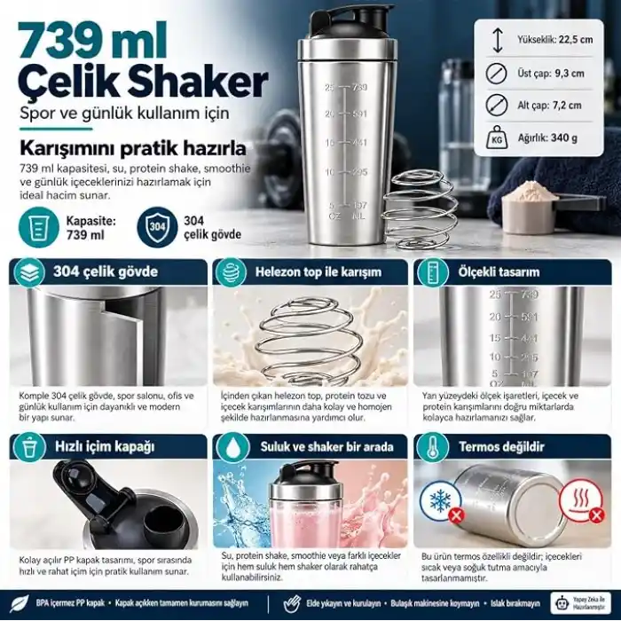 304 Çelik 739 ml Ölçekli Sporcu Suluğu Protein Shake ve Smoothie Matarası mt139