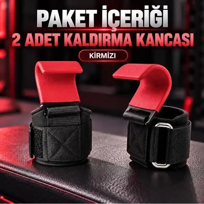 Valkyrie 2’li Ağırlık Kaldırma Kancası Bilek Destekli Güç Antrenmanı Fitness Strap Kırmızı
