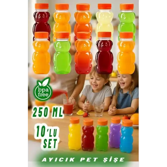 Orret Home 10 Adet 250 ml Ayıcık Şeklinde Pet Şişe BPA İçermez Ayıcıklı Şişe Meyve Suyu ve Su Şişesi Okul Kreş Piknik ve Günlük Kullanım İçin
