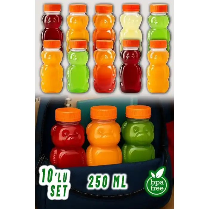 Orret Home 10 Adet 250 ml Ayıcık Şeklinde Pet Şişe BPA İçermez Ayıcıklı Şişe Meyve Suyu ve Su Şişesi Okul Kreş Piknik ve Günlük Kullanım İçin