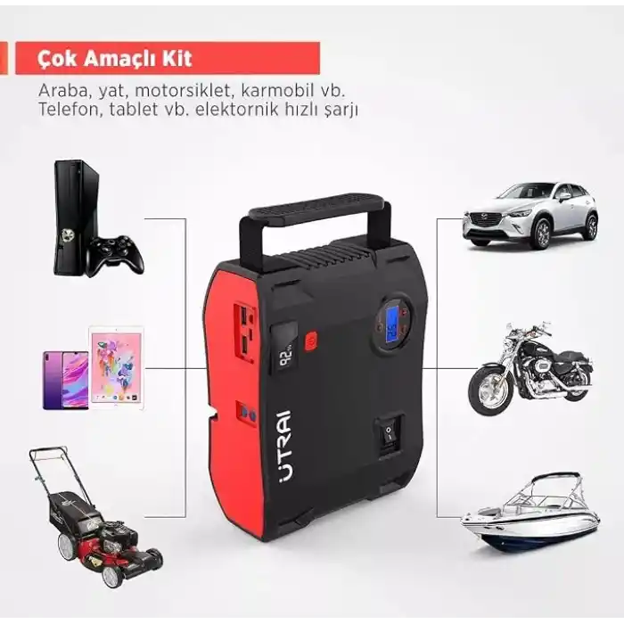 UTRAI Jstar 5 24000mAh 2000A Jump Starter + Lastik Şişirme Pompası Taşınabilir Akü Takviye Cihazı (Çanta + LCD Ekran + Powerbank + Led Lamba)