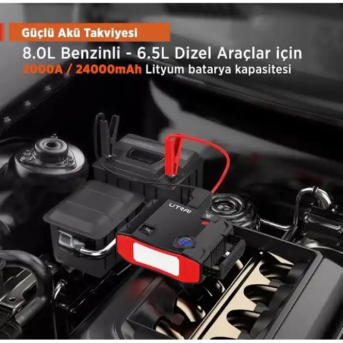 UTRAI Jstar 5 24000mAh 2000A Jump Starter + Lastik Şişirme Pompası Taşınabilir Akü Takviye Cihazı (Çanta + LCD Ekran + Powerbank + Led Lamba)