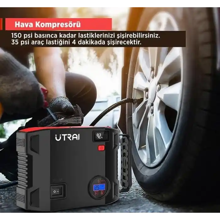 UTRAI Jstar 5 24000mAh 2000A Jump Starter + Lastik Şişirme Pompası Taşınabilir Akü Takviye Cihazı (Çanta + LCD Ekran + Powerbank + Led Lamba)