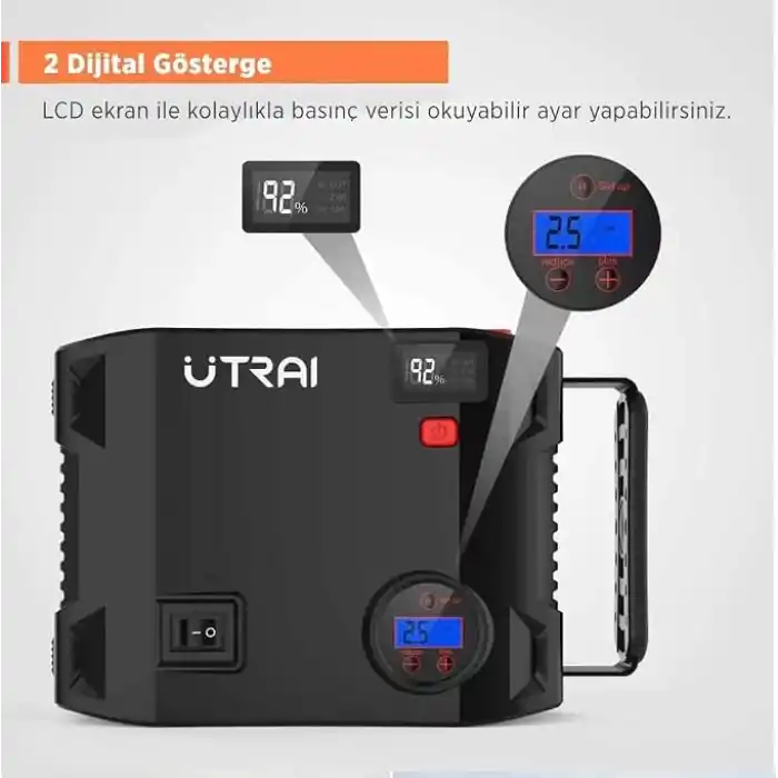 UTRAI Jstar 5 24000mAh 2000A Jump Starter + Lastik Şişirme Pompası Taşınabilir Akü Takviye Cihazı (Çanta + LCD Ekran + Powerbank + Led Lamba)