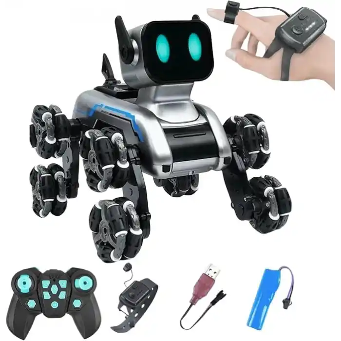 Giffy/Oyuncak 2.4 GhZ Uzaktan ve Bilekten Kumandalı Şarjlı 8 Teker Akrobat Robot Köpek Müzikli ve Led Işıklı Full Fonksiyon Akıllı Köpek Yavrusu Çift Kumanda Kontollü