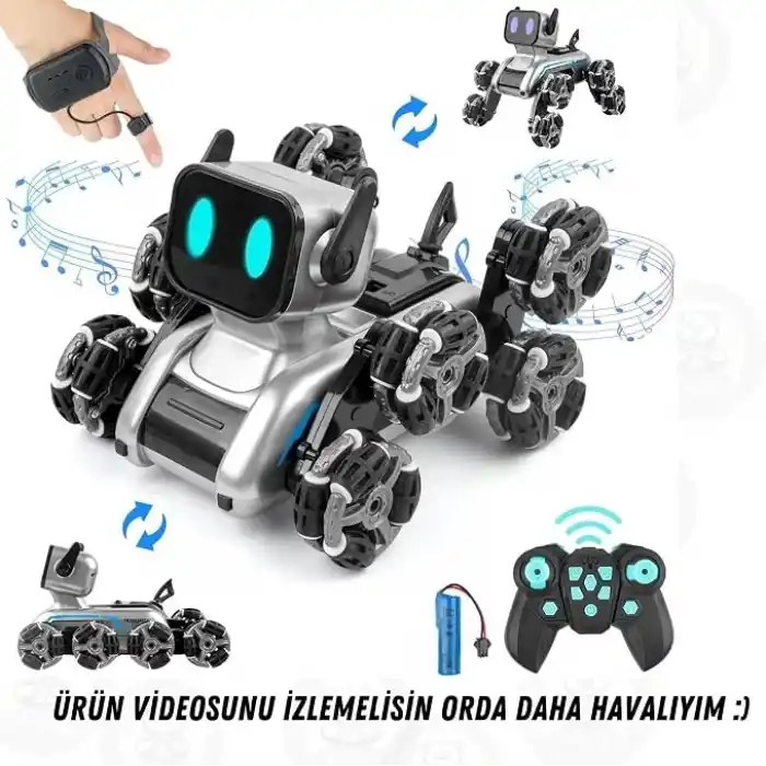 Giffy/Oyuncak 2.4 GhZ Uzaktan ve Bilekten Kumandalı Şarjlı 8 Teker Akrobat Robot Köpek Müzikli ve Led Işıklı Full Fonksiyon Akıllı Köpek Yavrusu Çift Kumanda Kontollü