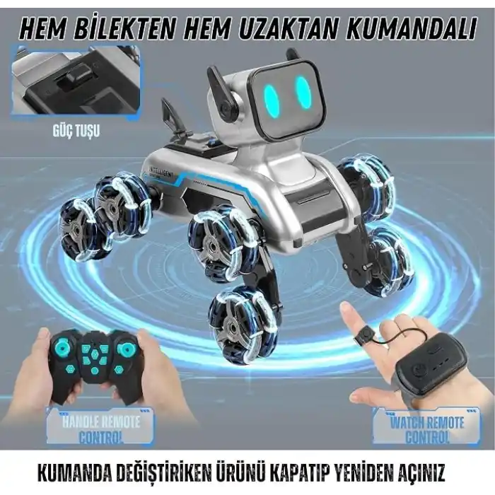 Giffy/Oyuncak 2.4 GhZ Uzaktan ve Bilekten Kumandalı Şarjlı 8 Teker Akrobat Robot Köpek Müzikli ve Led Işıklı Full Fonksiyon Akıllı Köpek Yavrusu Çift Kumanda Kontollü