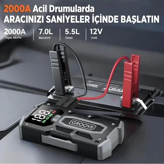 GROOVE M01 18200mAh 2000A Tepe Akımı Akü Takviye Cihazı Taşınabilir Jump Starter (Powerbank+Led Lamba+LCD Ekran) Benzinli ve Dizel Araçlar için