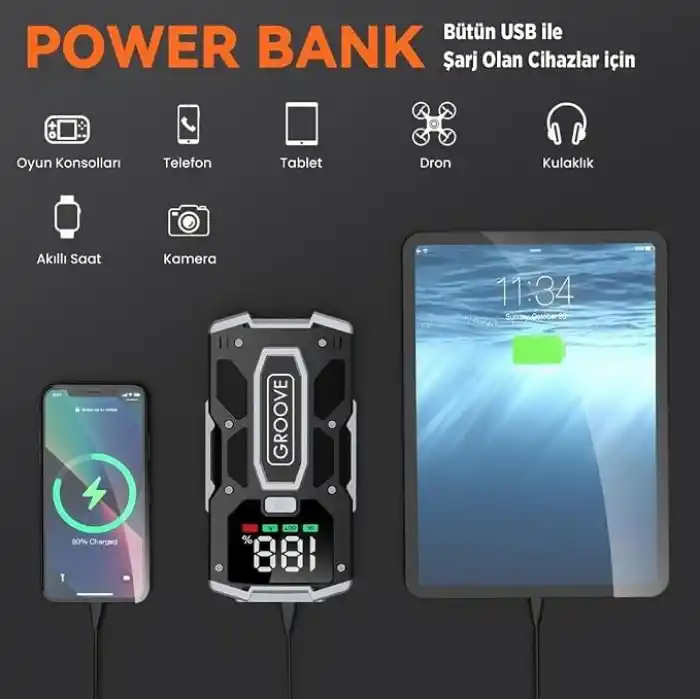 GROOVE M01 18200mAh 2000A Tepe Akımı Akü Takviye Cihazı Taşınabilir Jump Starter (Powerbank+Led Lamba+LCD Ekran) Benzinli ve Dizel Araçlar için