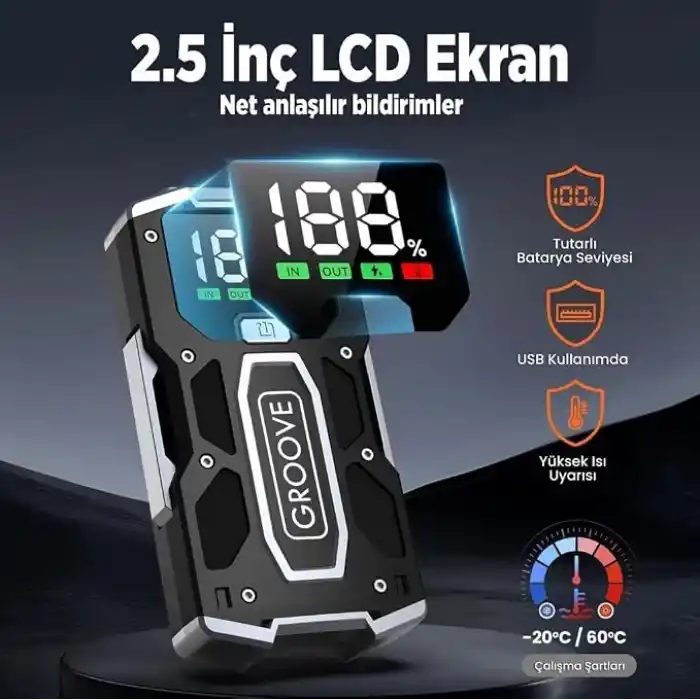 GROOVE M01 18200mAh 2000A Tepe Akımı Akü Takviye Cihazı Taşınabilir Jump Starter (Powerbank+Led Lamba+LCD Ekran) Benzinli ve Dizel Araçlar için