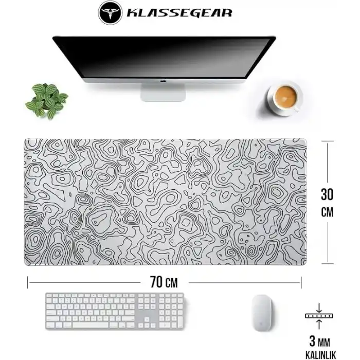 Klasse Pro - 6 Farklı Model Dikişli Kenar 70x30 cm Oyuncu Gaming Mouse Pad (White Map Lines)