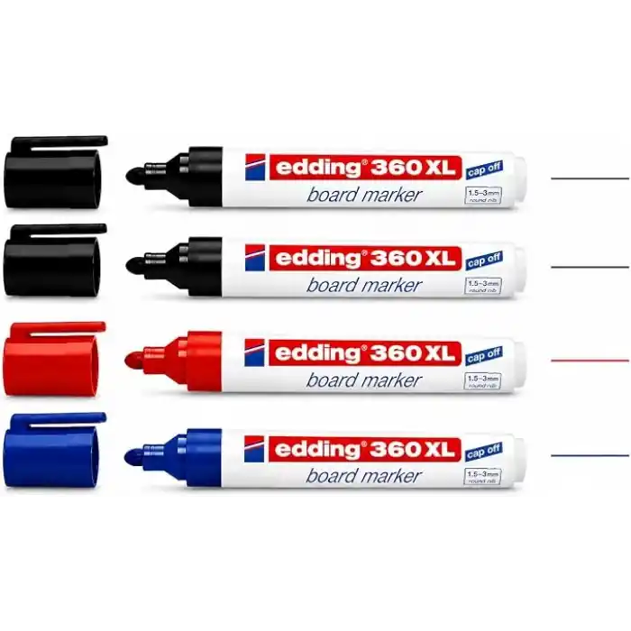 Edding 360 XL Tahta Kalemi Seti, 4lü (2 Siyah, 1 Mavi, 1 Kırmızı), Yuvarlak Uçlu, 1.5-3 mm, Beyaz Tahta ve Flipchart Uyumlu, Cap-Off Teknolojisi