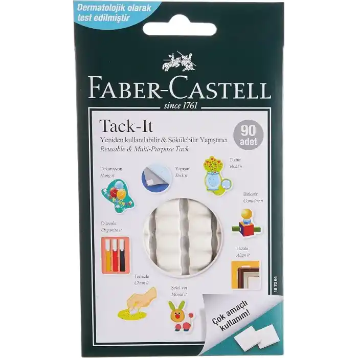 Faber-Castell Tack-it Beyaz, 50 gr, 90 Parça, Yeniden Kullanılabilir Hamur Yapıştırıcı, Sökülebilir ve İz Bırakmaz